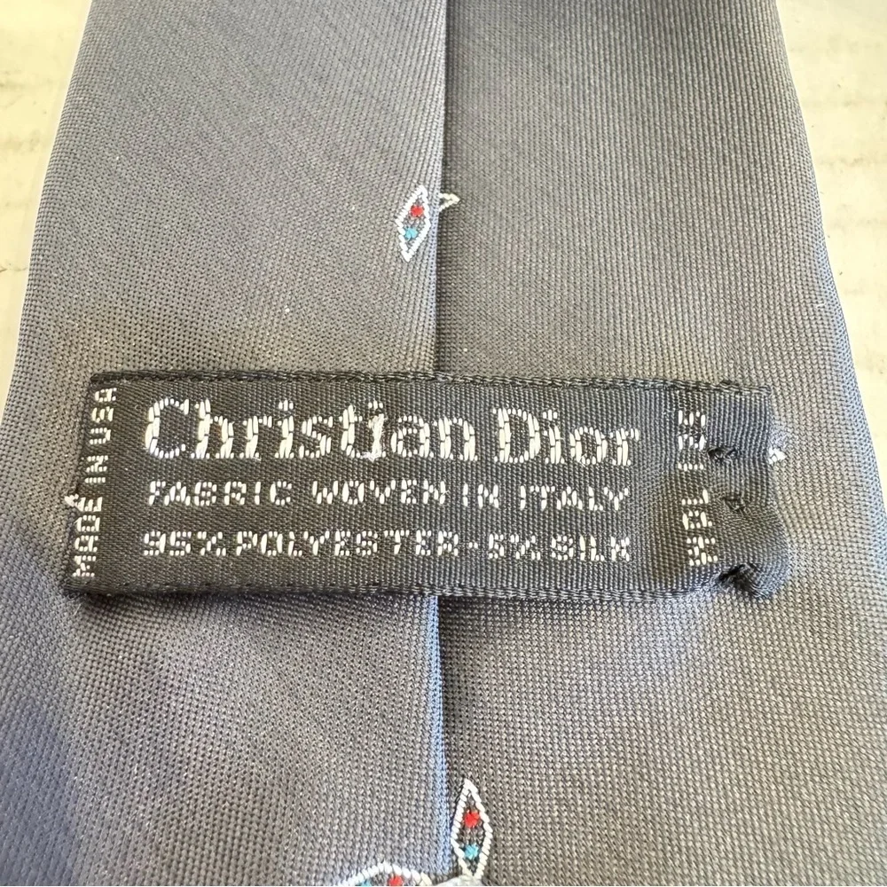 Vintage Christian DIOR Designer Neck Tie Striped Gray Diamonds Business Preppy
